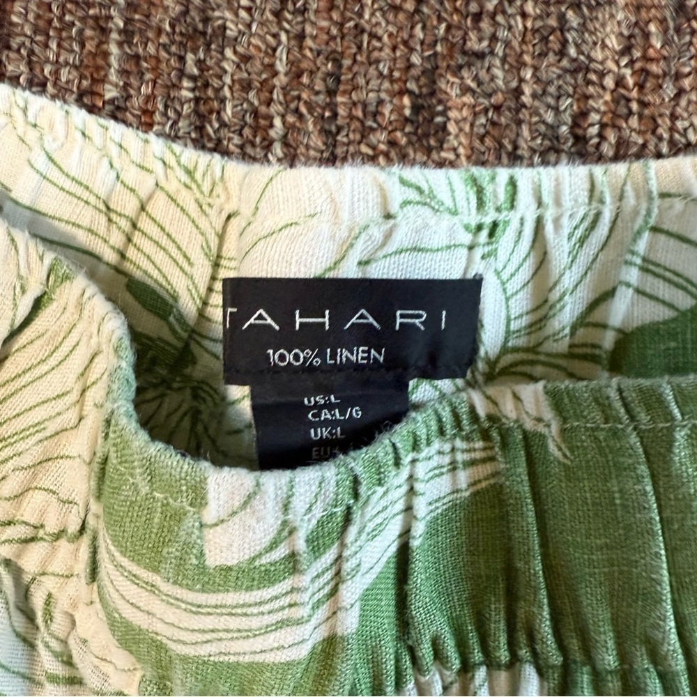 Tahari Green Leaf Print Linen Wide Leg Crop Pull On Pants Size Large - Picture 5 of 6